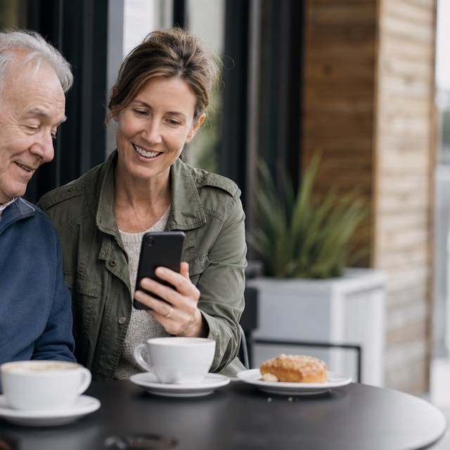 A woman showing her father something on her phone at a coffee-shop patio table, both relaxed.