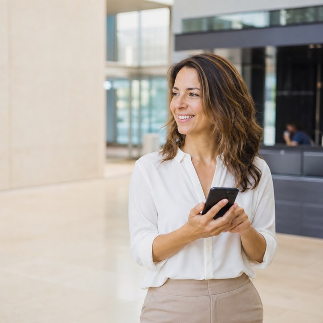 A woman in a bright office lobby holding her phone at chest height, relaxed.
