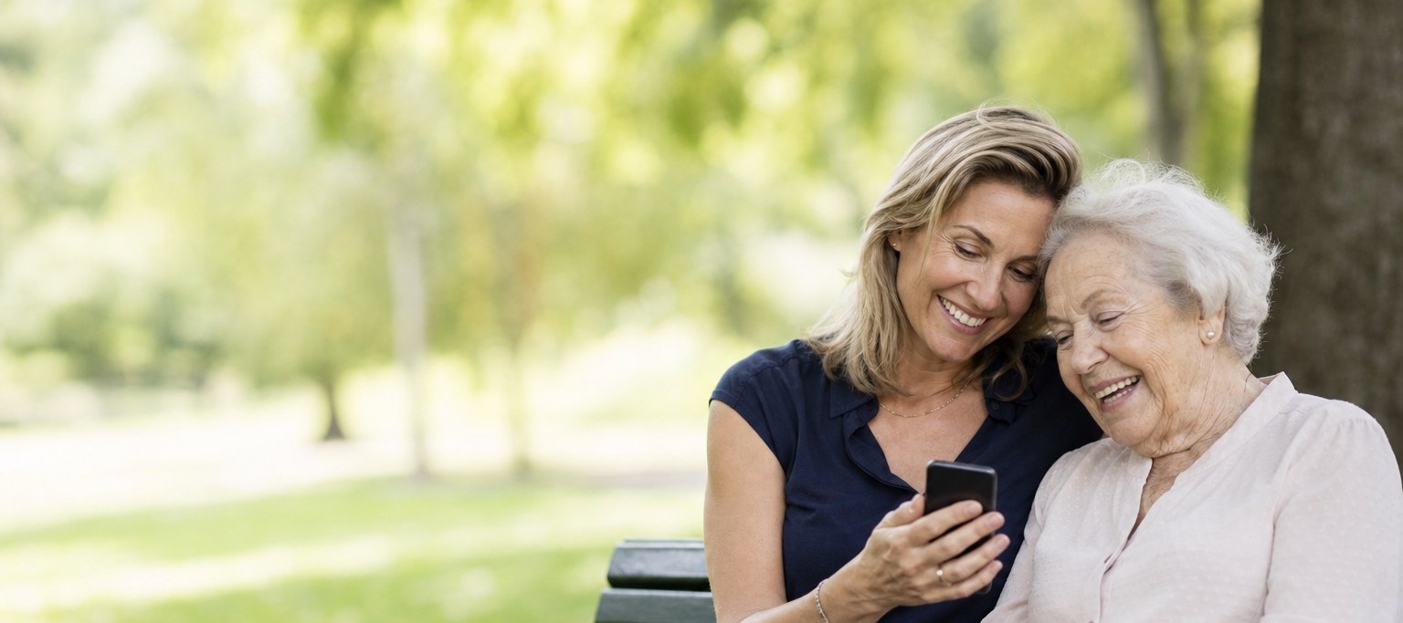 A woman and her elderly mother on a park bench, heads together over one phone, both smiling.