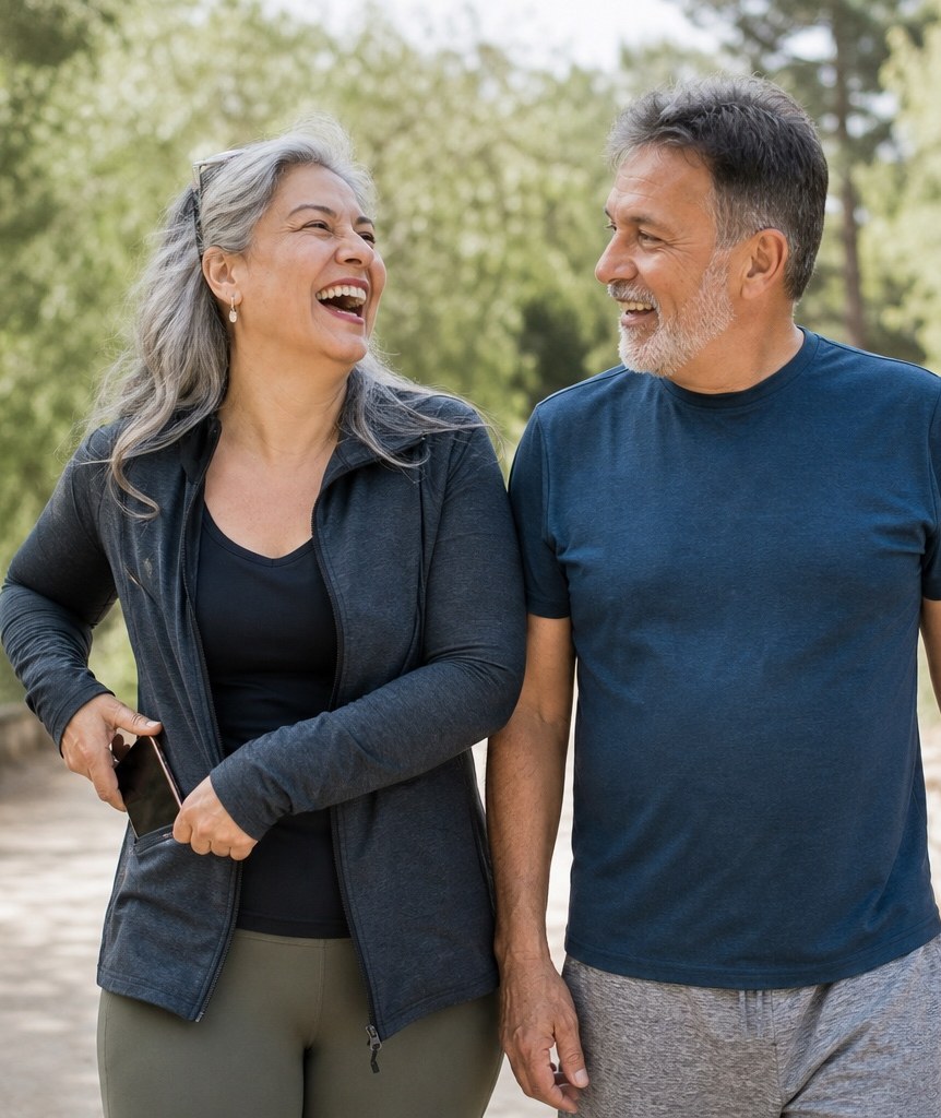 A woman in her fifties and her husband walking in a park, laughing, as she slips her phone into her jacket pocket.