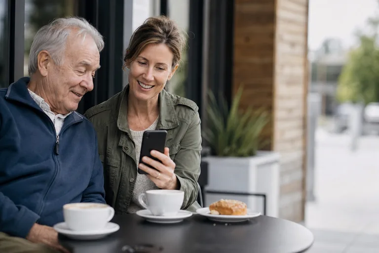 A woman showing her father something on her phone at a coffee-shop patio table, both relaxed.