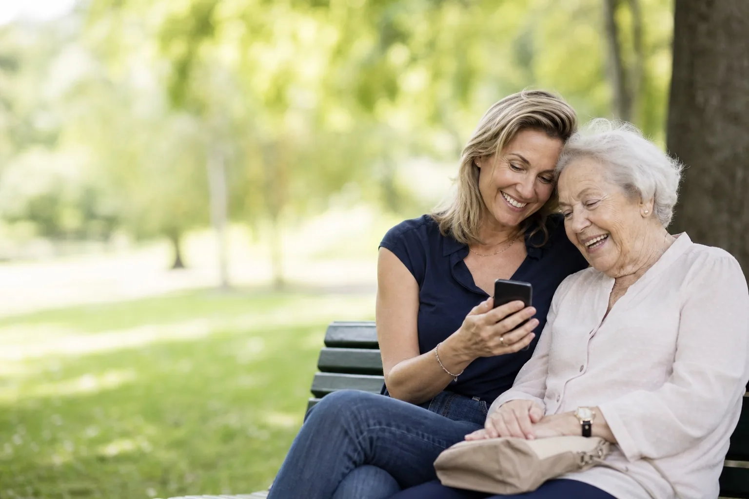 A woman and her elderly mother on a park bench, heads together over one phone, both smiling.