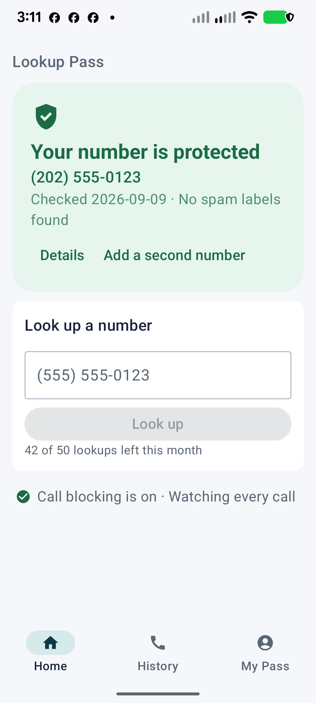 Lookup Pass app home screen on Android (demo account): your number is protected, look up a number, 42 of 50 lookups left.