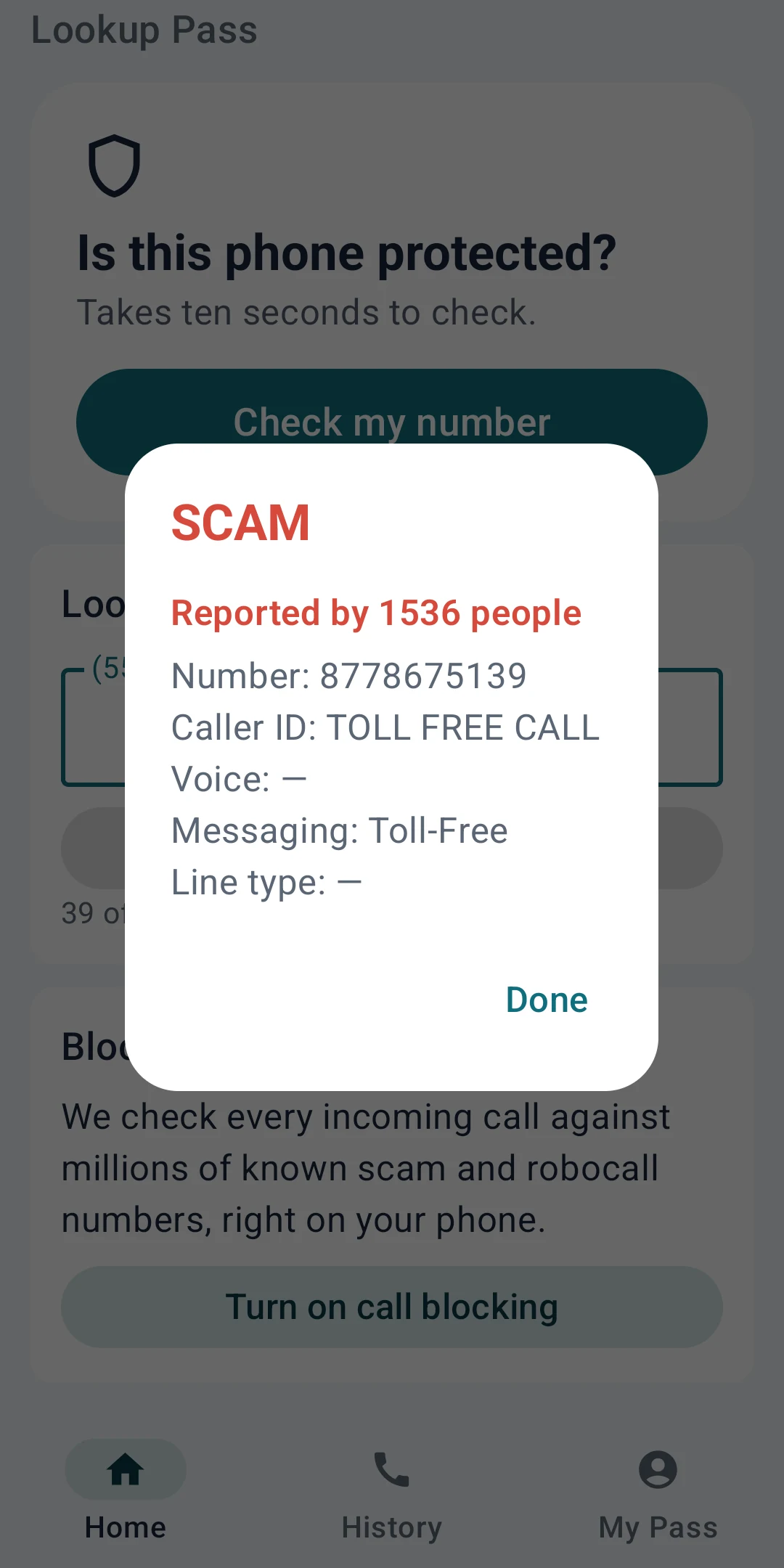 Lookup Pass app on Android showing a scam result: reported by 1536 people, toll-free number, messaging toll-free.